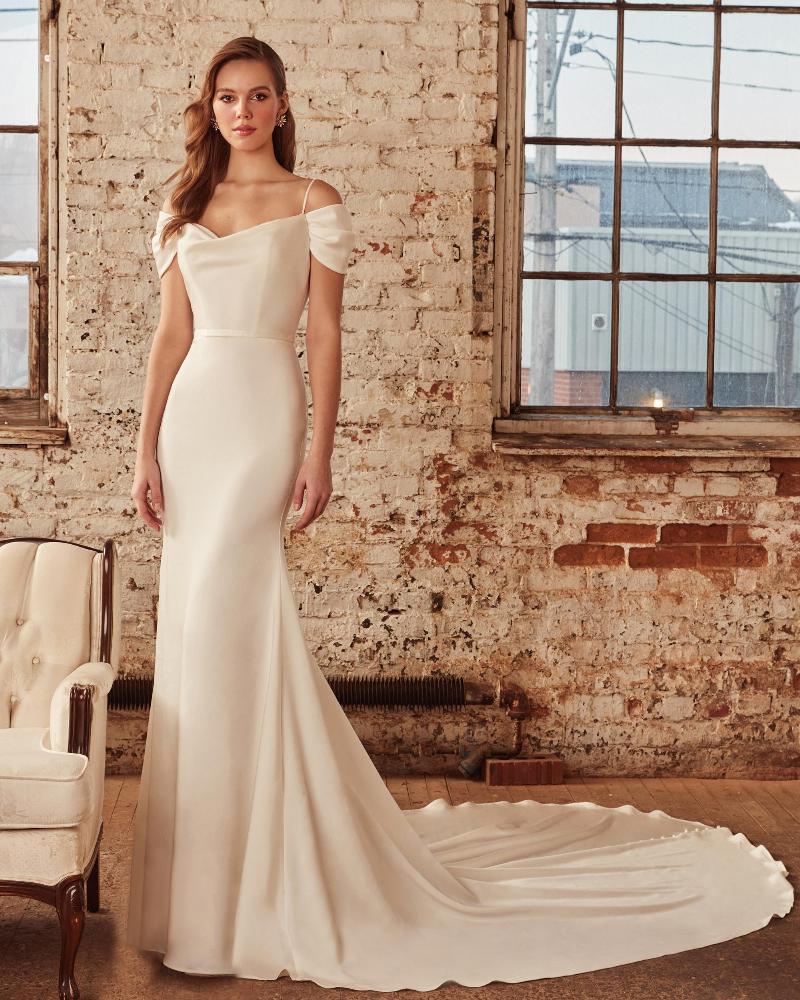 La21226 simple off the shoulder wedding dress with sheath silhouette2